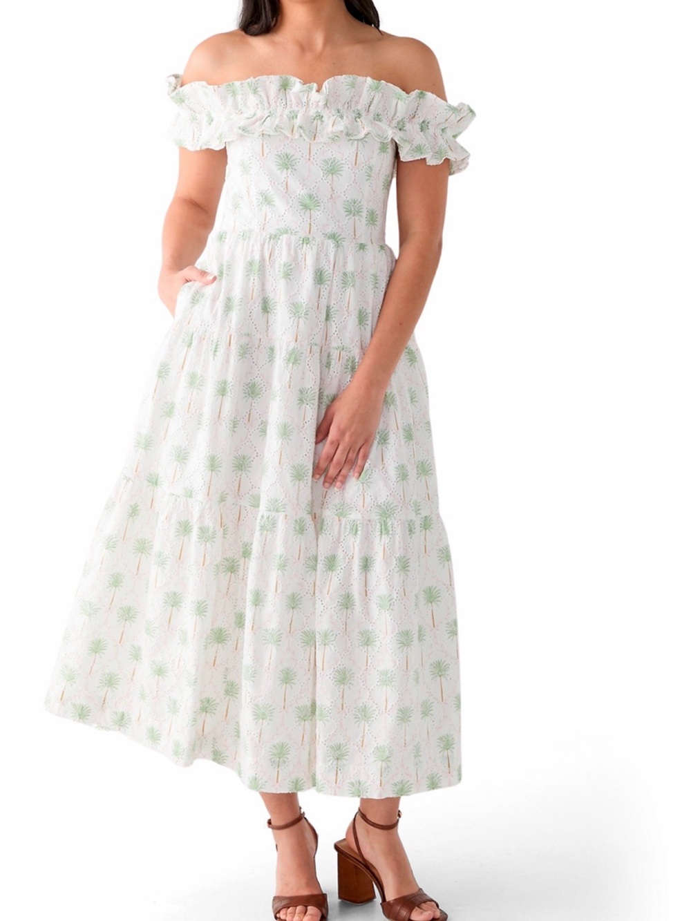 crown & ivy White Off-Shoulder Palm-Print Tiered Maxi Dress